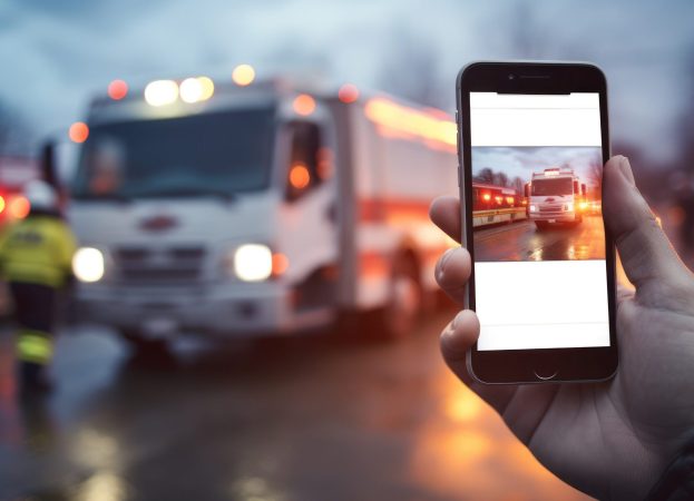 Hand holding a smartphone, with an ambulance in action visible on the screen.